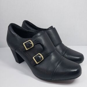 Clarks Women's Size 9.5 M Black Leather Double Monk Strap Block Heel Booties